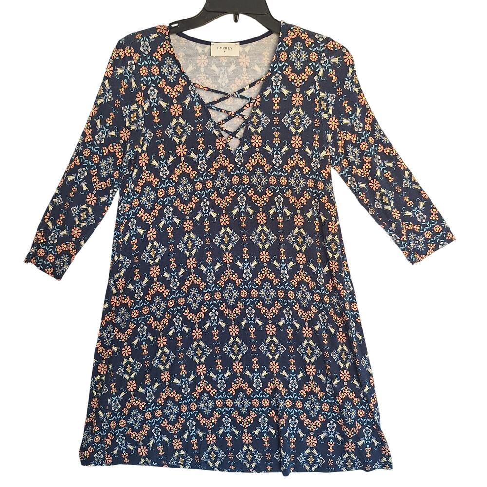 Everly Dress Sz S Navy Orange Floral Geometric Boho A Line Criss Cross Neckline